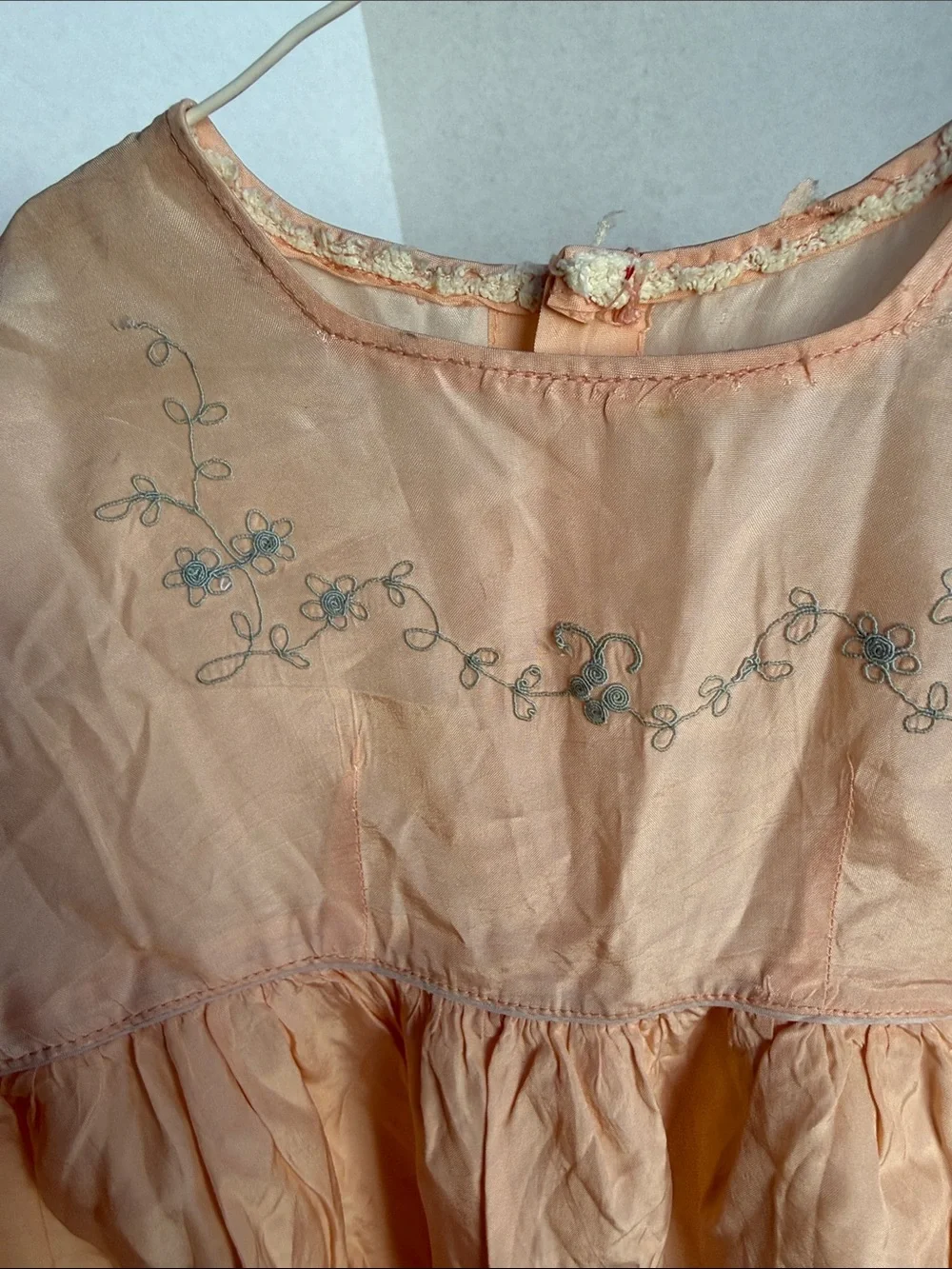 Antique 1920s Silk Child Dress Cutter Textile Peach Blue Embroidery Craft Doll F